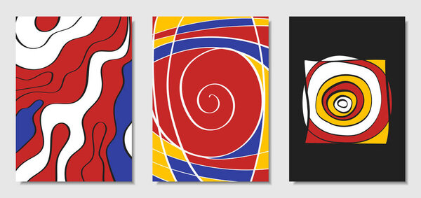 Cover Design Templates Set in Bauhaus Style. Abstract Backgrounds with Handwritten Wavy Lines and Ethnic Elements. Bright Hipster Abstraction. Vector Covers for Placard, Poster, Layout, Splash Screen.