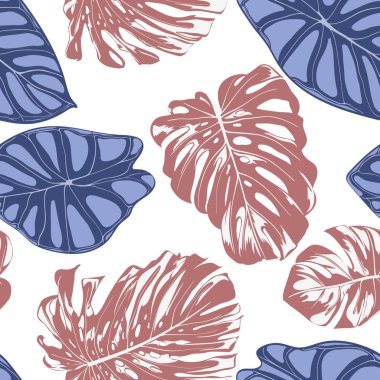 Tropik bitkiler ile Seamless egzotik modeli. Vektör arka plan el çizmek Monstera Palm ile bırakır. Parlak Rapport kumaş, tekstil tasarımı için. Orman bitki örtüsü. Alocasia ile Dikişsiz tropikal desen.