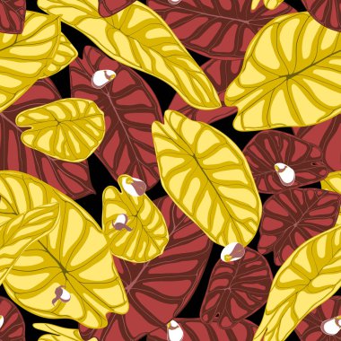 Sorunsuz tropikal arka plan. Alocasia veya Philodendron suluboya tarzında vektör yaprak. Orman bitkilerin yaprakları. Tekstil, kumaş tasarım, kumaş, dekor, sarma, karo için egzotik Seamless modeli.