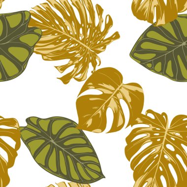Sorunsuz elle çizilmiş botanik egzotik desenle bitkiyi ve Alocasia bırakır. Vektör orman bitki örtüsü suluboya tarzında. Tekstil, kumaş, kumaş, kağıt için sorunsuz Tropic yaprak arka plan.
