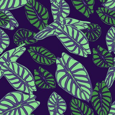 Sorunsuz tropikal arka plan. Alocasia veya Philodendron suluboya tarzında vektör yaprak. Orman bitkilerin yaprakları. Tekstil, kumaş tasarım, kumaş, dekor, sarma, karo için egzotik Seamless modeli.