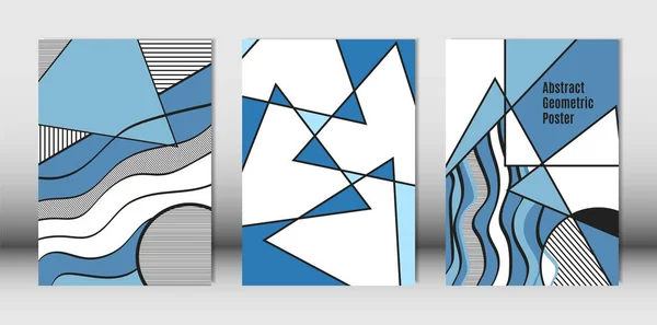 Vorlagen mit Bauhaus- und geometrischen Elementen in blauen, weißen und schwarzen Farben. Plakate mit gewellten Streifen, Dreiecken und abstrakten Vektorformen. Cover für Broschüren, Poster, Magazine, Layout. — Stockvektor