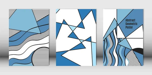 Templates Set avec Bauhaus et éléments géométriques en bleu, blanc et noir. Plaques serties de bandes ondulées, de triangles et de formes vectorielles abstraites. Couverture pour Brochures, Affiche, Magazine, Mise en page . — Image vectorielle