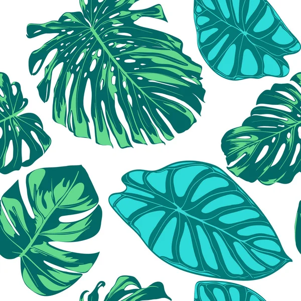 Tropikalny wektor wzór. Liści palmowych Monstera i to. Jungle liści efekt akwareli. Egzotyczne Hawaiian włókienniczych projektowania. Tropikalny tło dla tkanin, sukienka, papieru, druku — Wektor stockowy