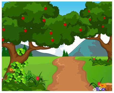 Hasat meyve bahçesi peyzaj meyve ağaçları ile vektör çizim