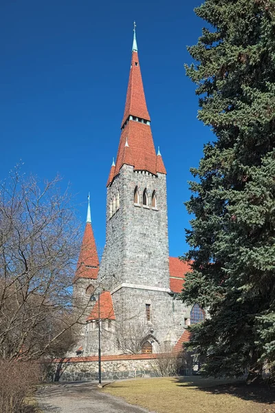 Fragment of Tampere Cathedral (St. John\'s church) with south-west tower, Finland. The church in the National Romantic style was built in 1902-1907.