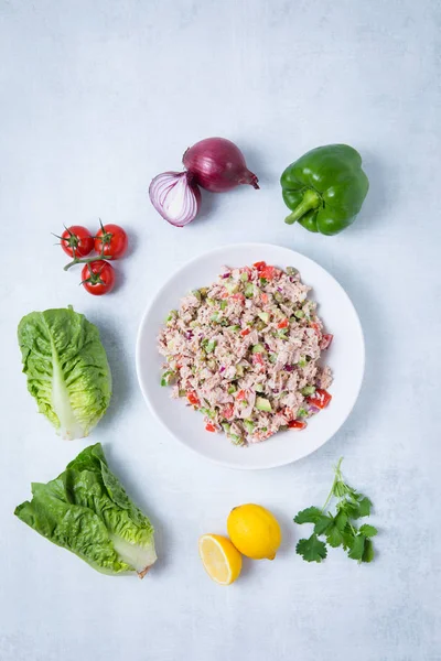 Tuna mayonnaise salad ingredients. Tuna mayonnaise salad with cucumbers and red peppers in a white bowl. Lettuce, onion, cherry tomatoes, lemon, green peppers.