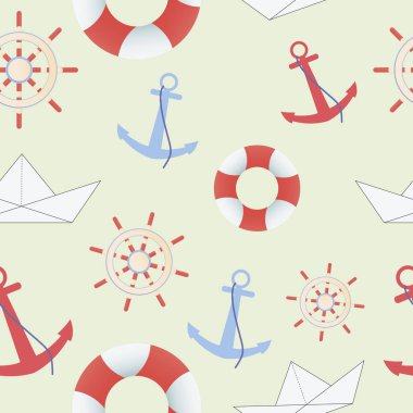 Çapa, lifebuoy, kağıt tekne ve direksiyon simidi ile deniz seamless modeli. Deniz tema. Açık yeşil arka planı üzerinde deniz seamless modeli.