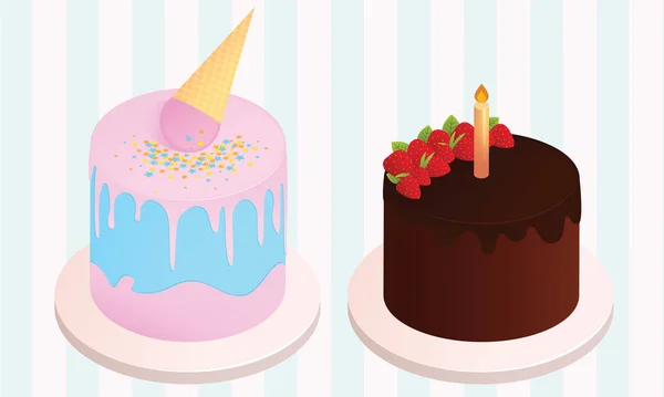 誕生日ケーキのセットです 誕生日パーティー要素 美しい現代ケーキの種類のベクター イラストです ピンクとブルーのアイス クリーム ケーキとイチゴとキャンドルのチョコレート ケーキ — ストックベクタ