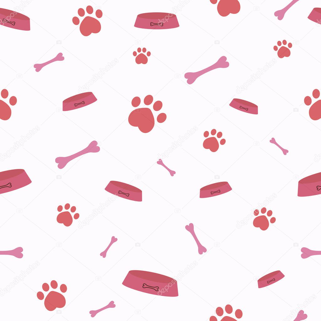Seamless vector pattern with cartoon bones, bowls and dog or cat paws. Cute modern pattern with pink elements on the light pink background. Nice pet background for cover, web, textile, brochure and poster. 