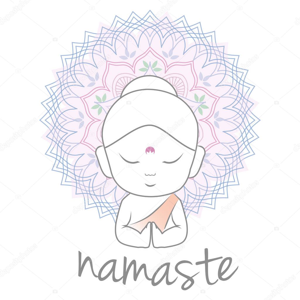 Cute Buddha sending greetings The word 'Namaste' is a respectful greeting also called 'Namaskar'