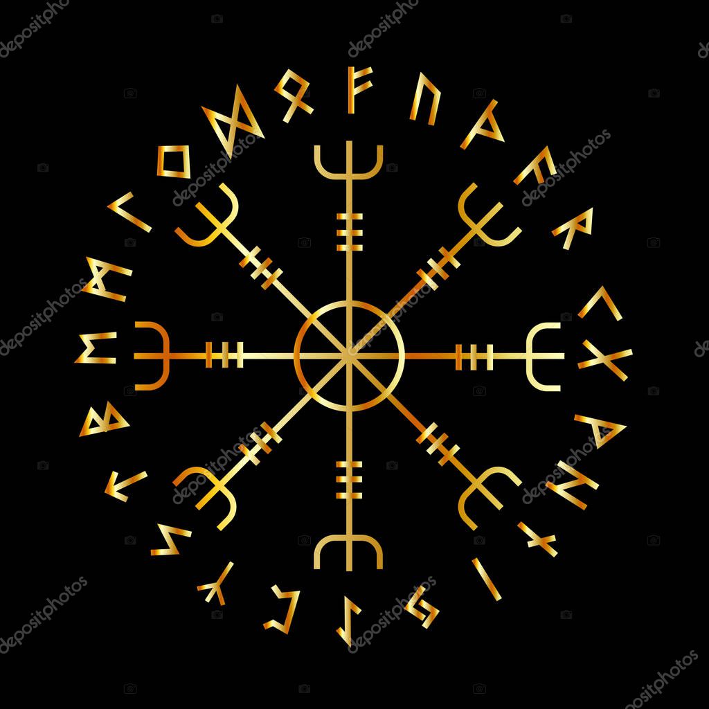 Scandinavian Runic Alphabet with the Vegvisir-the Magic Navigation Compass of ancient Vikings