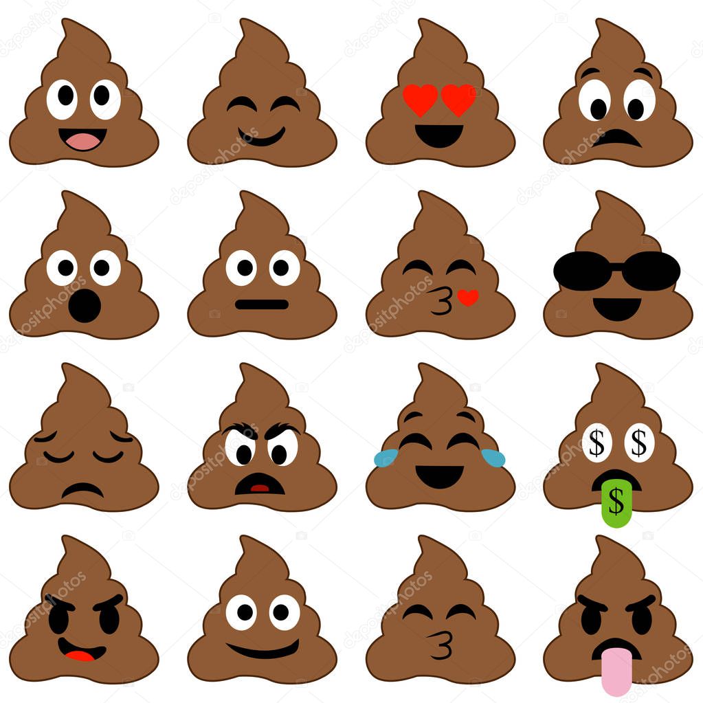 Set of cute poop happy poop emoji emotional piles of poop