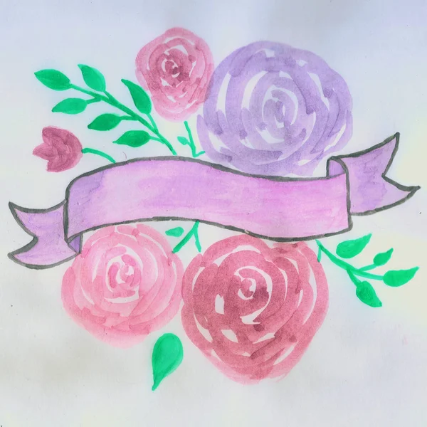 Roses Leaves Banner Watercolor Painting — Stock Photo, Image