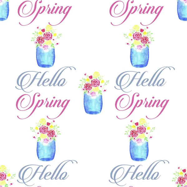 Hello Spring Ile Cam Mason Kavanoz Güzel Suluboya Çiçek Buketi — Stok fotoğraf