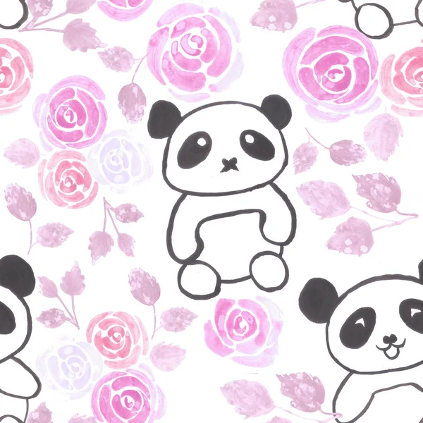 Pandas and pink roses seamless background