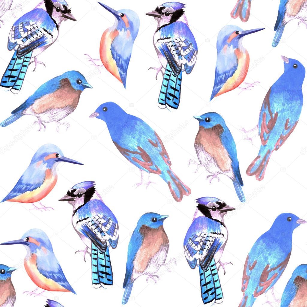 Birds in tints and shades of blue seamless watercolor bird painting background