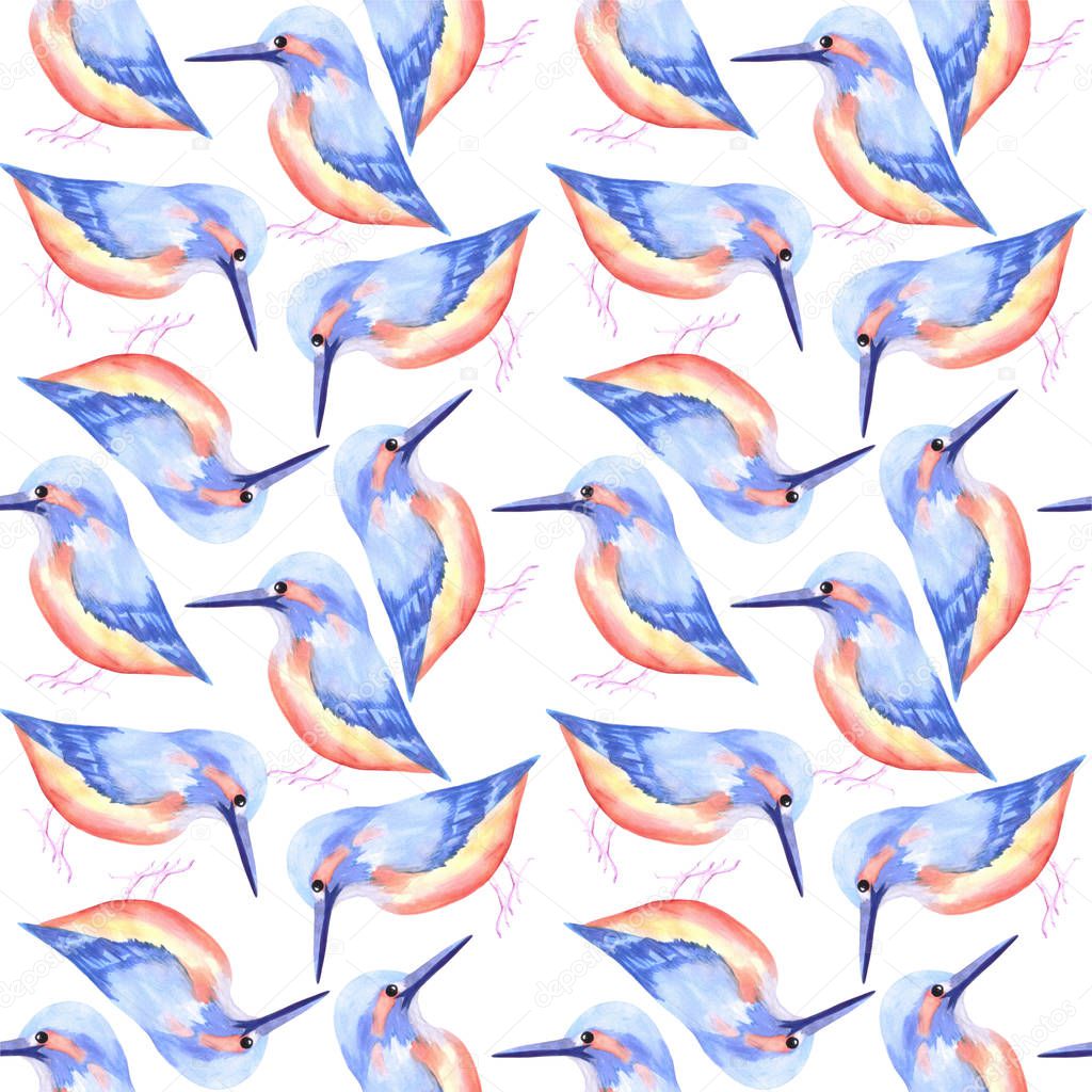 Common Kingfisher or Alcedinidae bird seamless watercolor birds painting background
