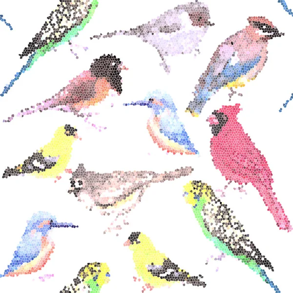Różne Ptaki Witraże Sztuki Bezszwowe Tło Budgie Kardynał Goldfinch Sikorki — Zdjęcie stockowe