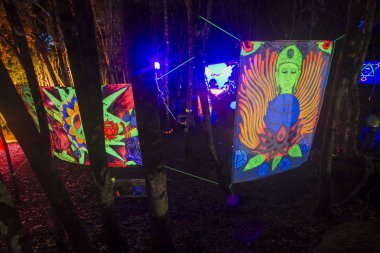Eletronic müzik festivali dekorasyon, yangın uzun pozlama hokkabazlık. Gece ormanda. Florianpolis, Santa Catarina / Brezilya