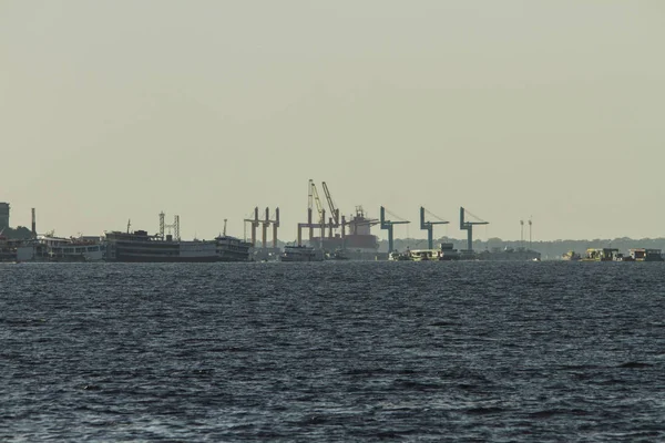 Port Region City Boats Docked Cranes Sunset Hour Manaus Amazon — Stock Photo, Image