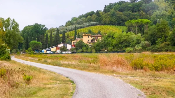 トスカーナの村を通って道路 イタリアの秋 曇りの日にトスカーナのフィールドと丘 — ストック写真