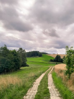 Kashubia 'daki çayır üzerinde kara bulutlar. Yağmurlu hava geliyor. Kuzey Polonya 'nın güzel doğası.