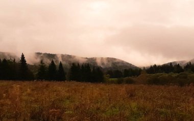Bieszczady Dağları 'nın tepesinde kara bulutlar. Fırtına geliyormuş. Polonya 'nın güneyi.