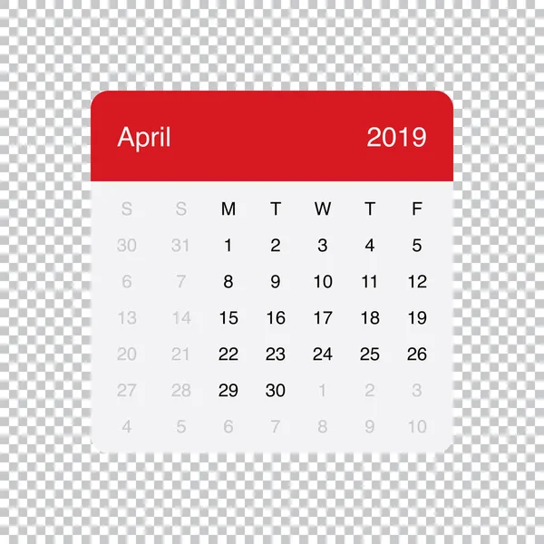 Calendário Abril 2019 Clean Minimal Table Simple Design. Semana começa na segunda-feira . — Vetor de Stock