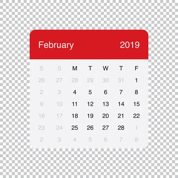 Calendário Fevereiro 2019 Clean Minimal Table Simple Design. Semana começa na segunda-feira . — Vetor de Stock