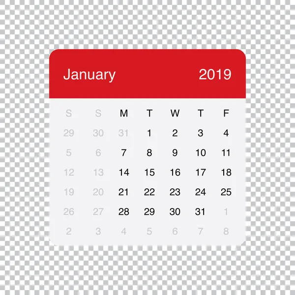 Calendário Janeiro 2019 Clean Minimal Table Simple Design. Semana começa na segunda-feira . — Vetor de Stock