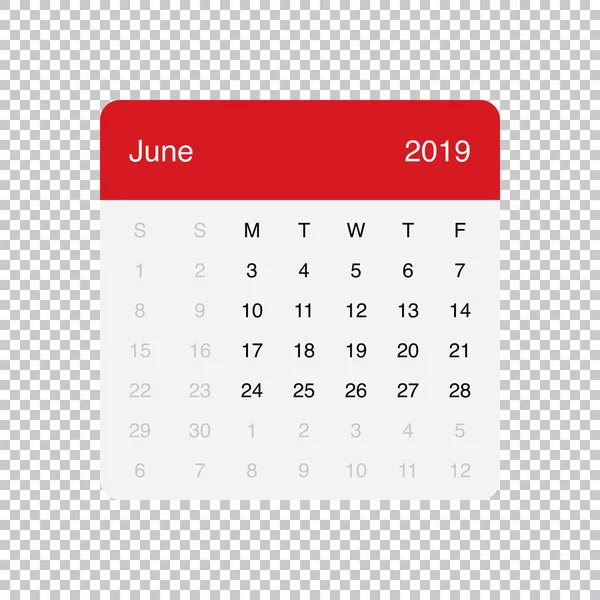 Calendario Junio 2019 Limpiar Mesa Mínima Diseño Simple. Semana comienza el lunes . — Vector de stock