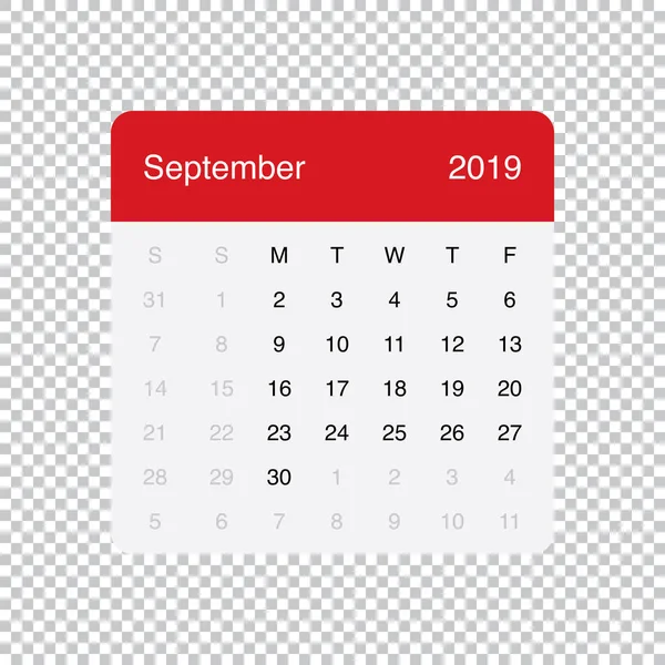 Ημερολόγιο Σεπτέμβριος 2019 Καθαρίστε ελάχιστο πίνακα απλό σχεδιασμό. Η εβδομάδα ξεκινά τη Δευτέρα. — Διανυσματικό Αρχείο