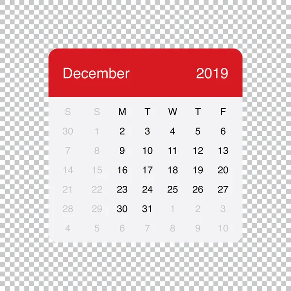 Calendario Diciembre 2019 Limpiar Mesa Mínima Diseño Simple. Semana comienza el lunes . — Vector de stock