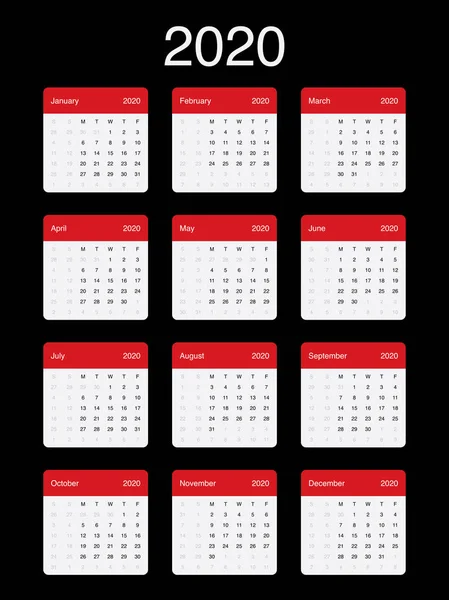2020 Calendar Clean Minimal Simple Vector Design. Week Starts on Monday. — Stock Vector