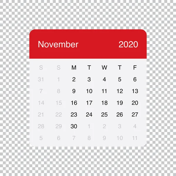 Calendário Novembro 2020 Clean Minimal Table Design simples. Semana começa na segunda-feira . — Vetor de Stock