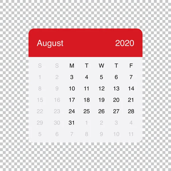 Takvim Ağustos 2020 Temiz Minimal Tablo Basit Tasarım. Hafta Pazartesi Başlıyor.