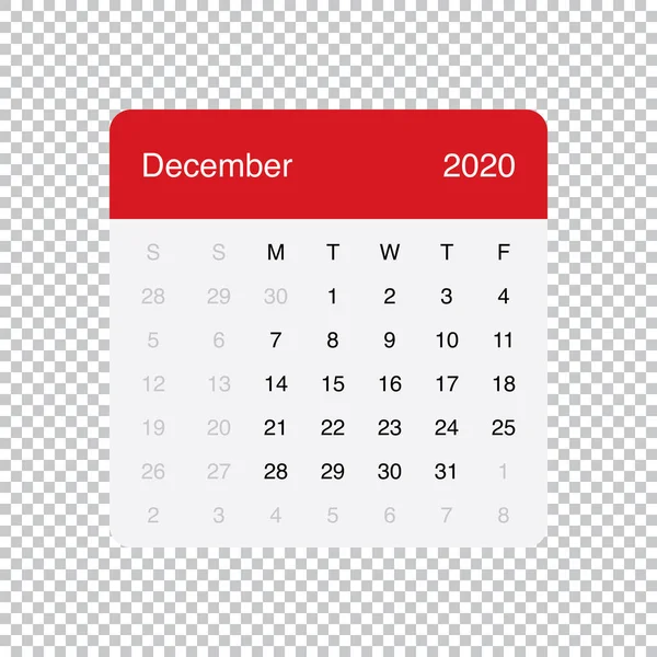 Calendário Dezembro 2020 Clean Minimal Table Design simples. Semana começa na segunda-feira . —  Vetores de Stock