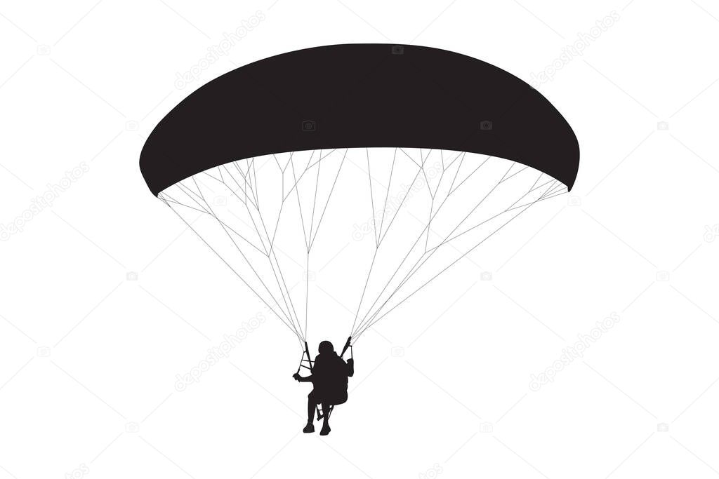 Vector silhouette of parachutist skydiving on parachute from the sky, illustration of skydiver flying on extreme air adventure sport