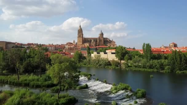 Imagens Aéreas Catedral Salamanca Refletiu Rio Tormes Espanha — Vídeo de Stock