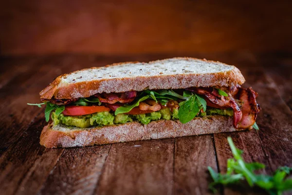 Homemade Sandwich Bacon Tomato Avocado Greens — Stock Photo, Image