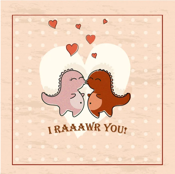 Sevgililer günü kartı doodle stil illüstrasyon. Sevimli dinozor çift kalp, aşk sembolü ile.