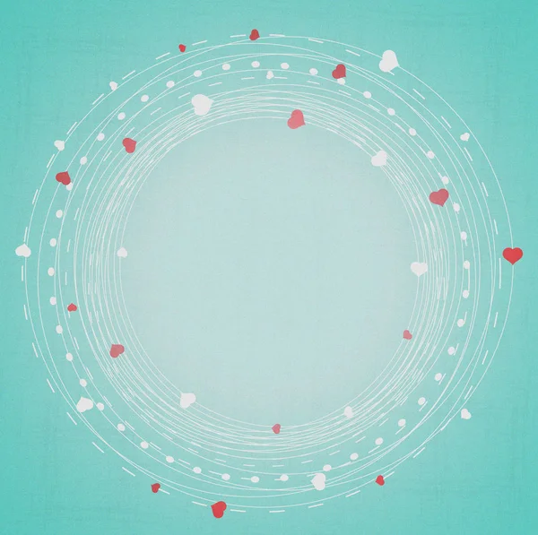 white circles with white and red hearts on blue background valentines card
