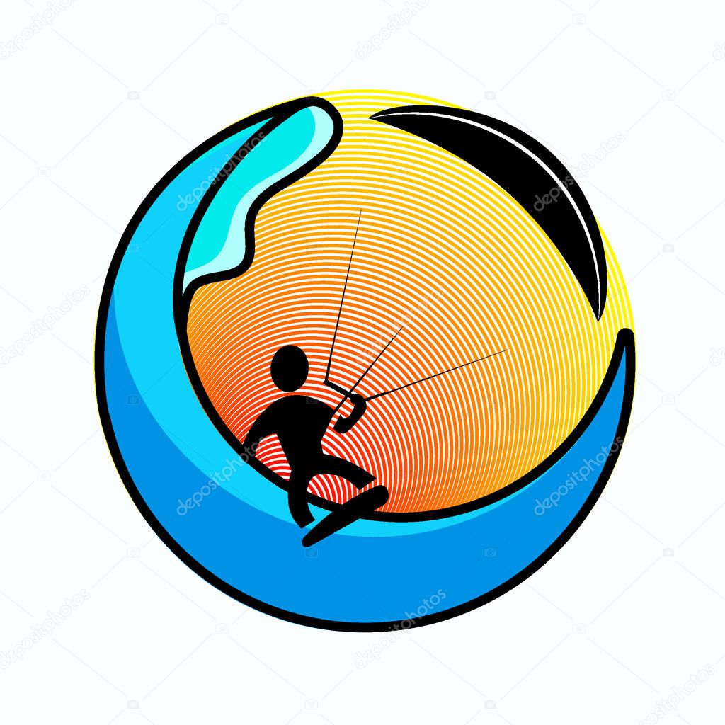 kite surfer silhouette on blue circle waves with sunrise backround logo