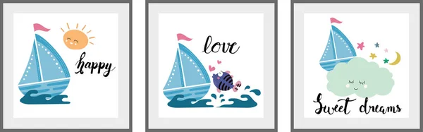 Cute Blue Ship Set Posters Nursery Baby Room Decoration Childish Stock Vector