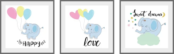 Cute Elephant Set Posters Nursery Baby Room Decoration Childish Style Stock Illustration