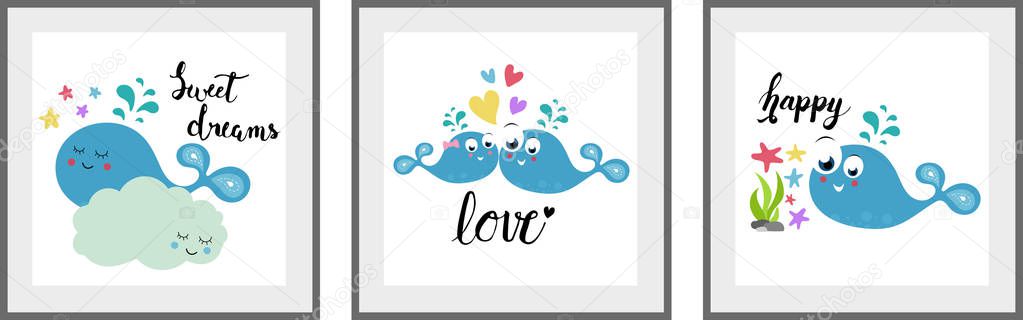 Cute blue whale set of posters for nursery baby room decoration Childish style Perfect for fabric print logo sign cards banners Kids wall art design Vector illustration