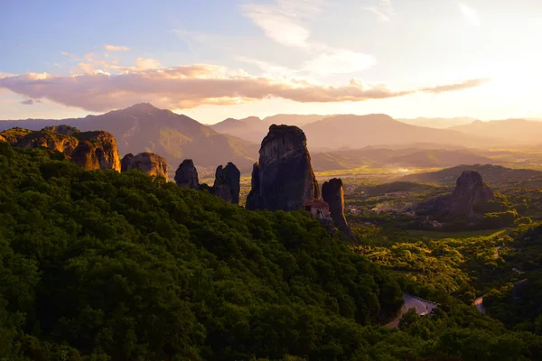 Meteora Grekland Klippor Kalambaka Solnedgång Kloster Stockfoto