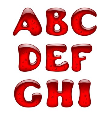 Kırmızı jel ve karamel alfabe harfler üzerinde beyaz izole kümesi. Vektör çizim