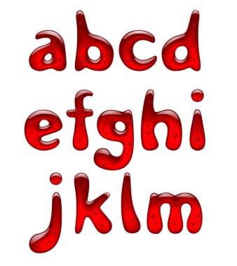 Kırmızı jel ve karamel alfabe küçük harfler üzerinde beyaz izole kümesi. Vektör çizim